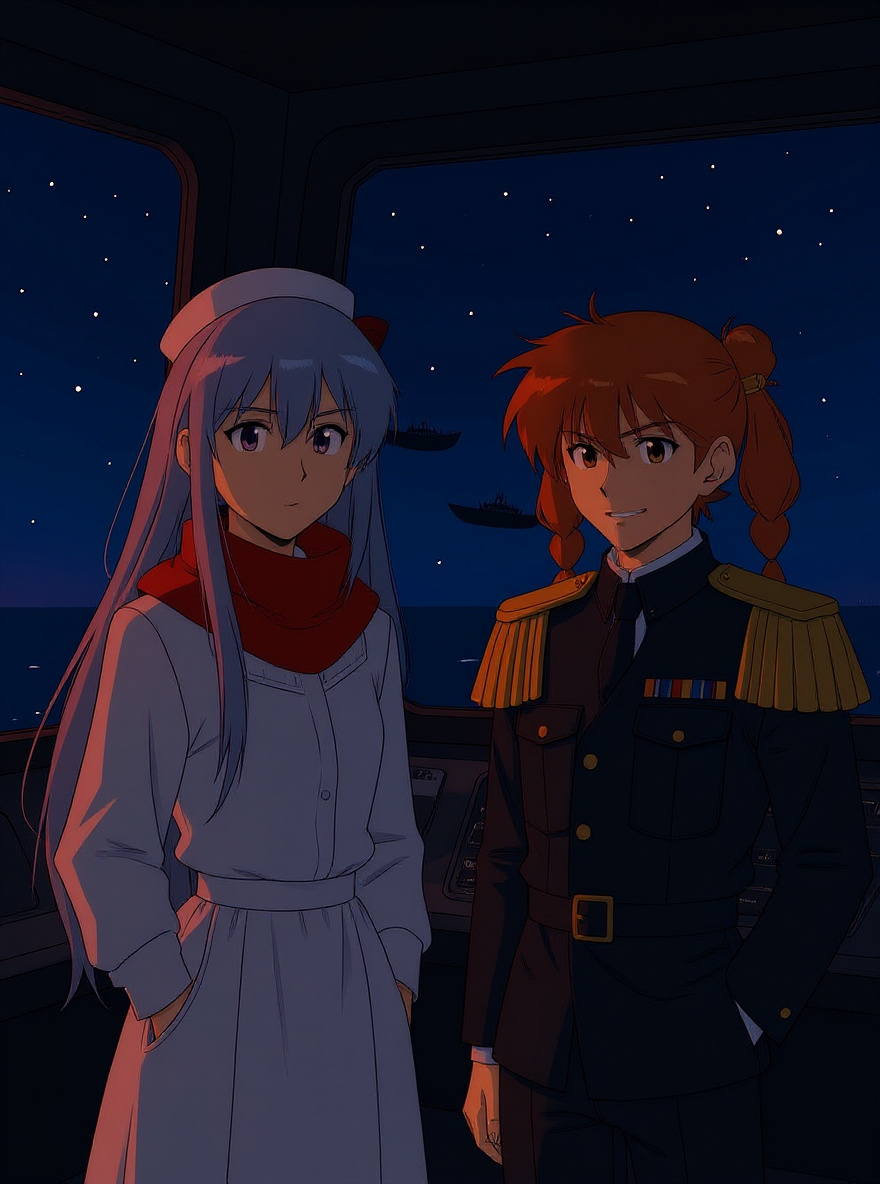 Harumi approaches Tylor on the bridge, offering him a cup of tea, her expression gentle; Tylor smiles gratefully, chaos swirling around them.