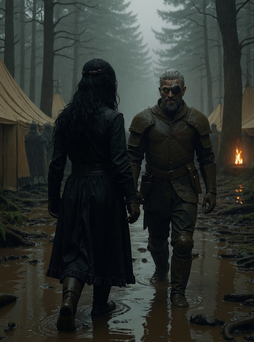 Lady and One-Eye exit the woods in rain, the talisman hidden, both changed.