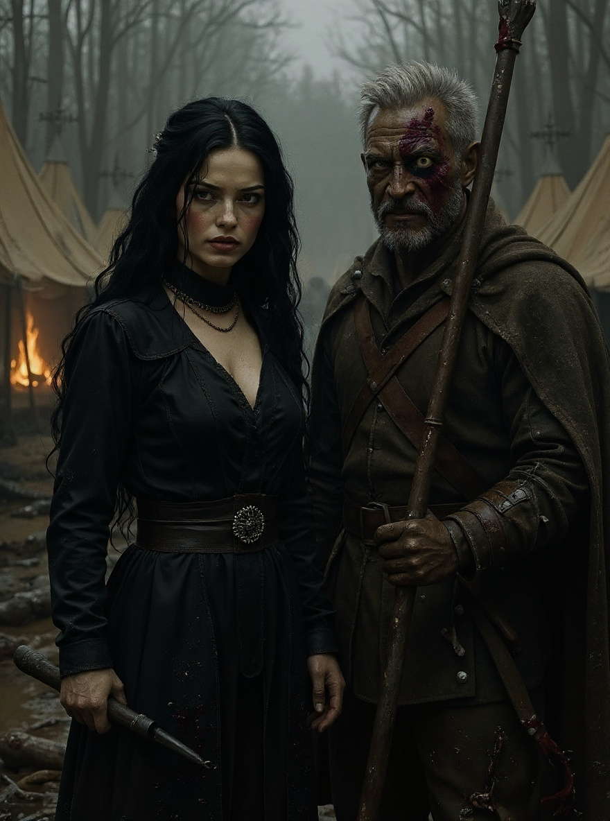 A grim forest under overcast sky; the Lady and One-Eye walk muddy ground, shadows looming.