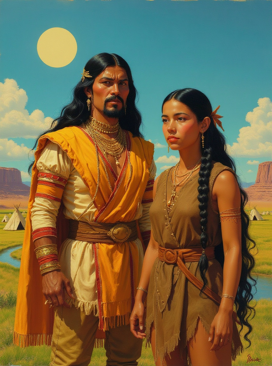 A reconstructed Plains reservation under a too-perfect sun; Hawks and Cloud Dancer stand on a grassy rise overlooking tipis and a winding river, with the sky unnaturally blue above.