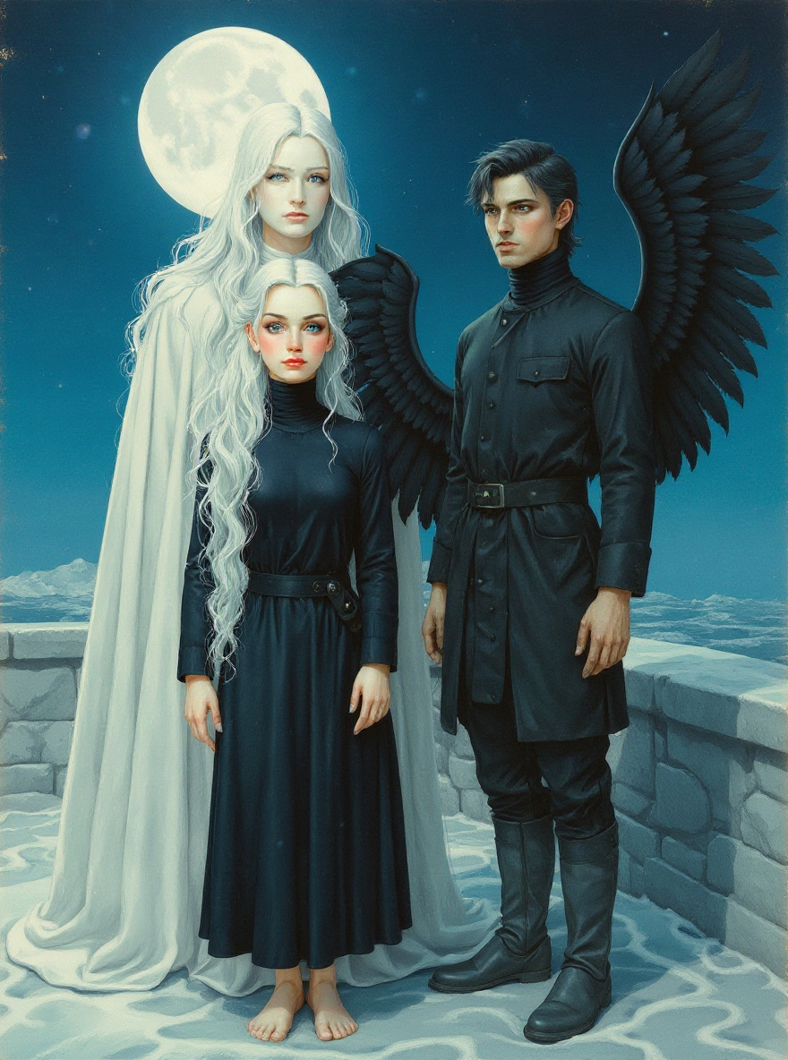 Aeriel stands on the frost-slick balcony of the Ice Keep under a vast moonlit sky. Behind her, Oriencor, the White Witch, waits—pale and tall, white on white, a living winter. Above, black-winged icari perch on the battlements, watching.