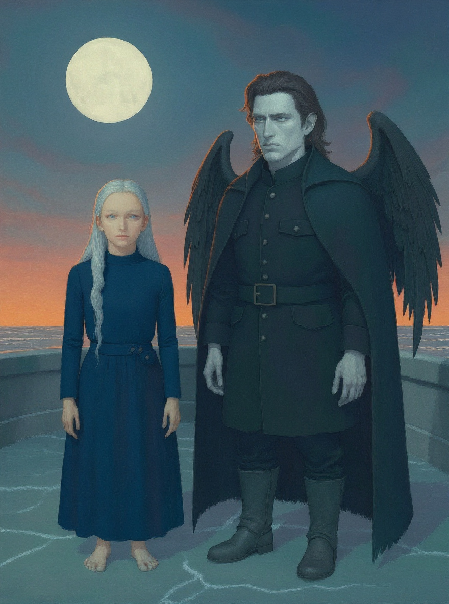 Aeriel stands at the very edge of the stone balcony, the dust-sea horizon vast before her. The sky is still moonlit, yet at the rim, a faint flush—a ghost-memory of dawn—touches the gray.