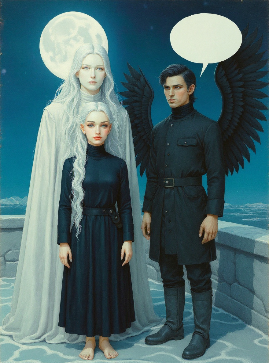 Closer on Oriencor, her white-on-white face and robes harsh in the moonlight; Aeriel, wary, half-turned toward her.