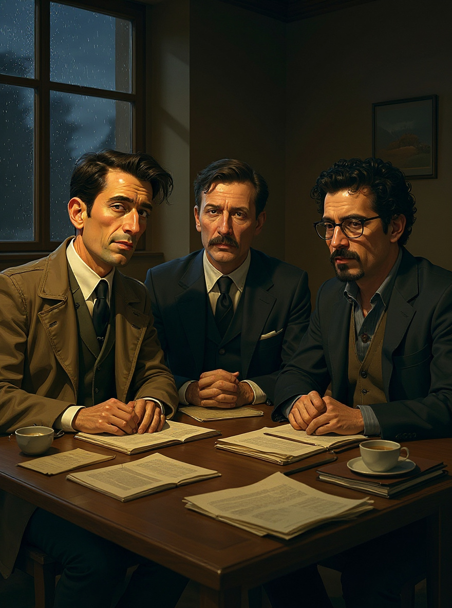 Casaubon, Belbo, and Diotallevi sit around a cluttered editorial table by a rain-streaked window, manuscripts and coffee cups scattered, as dusk falls over the Milan office.
