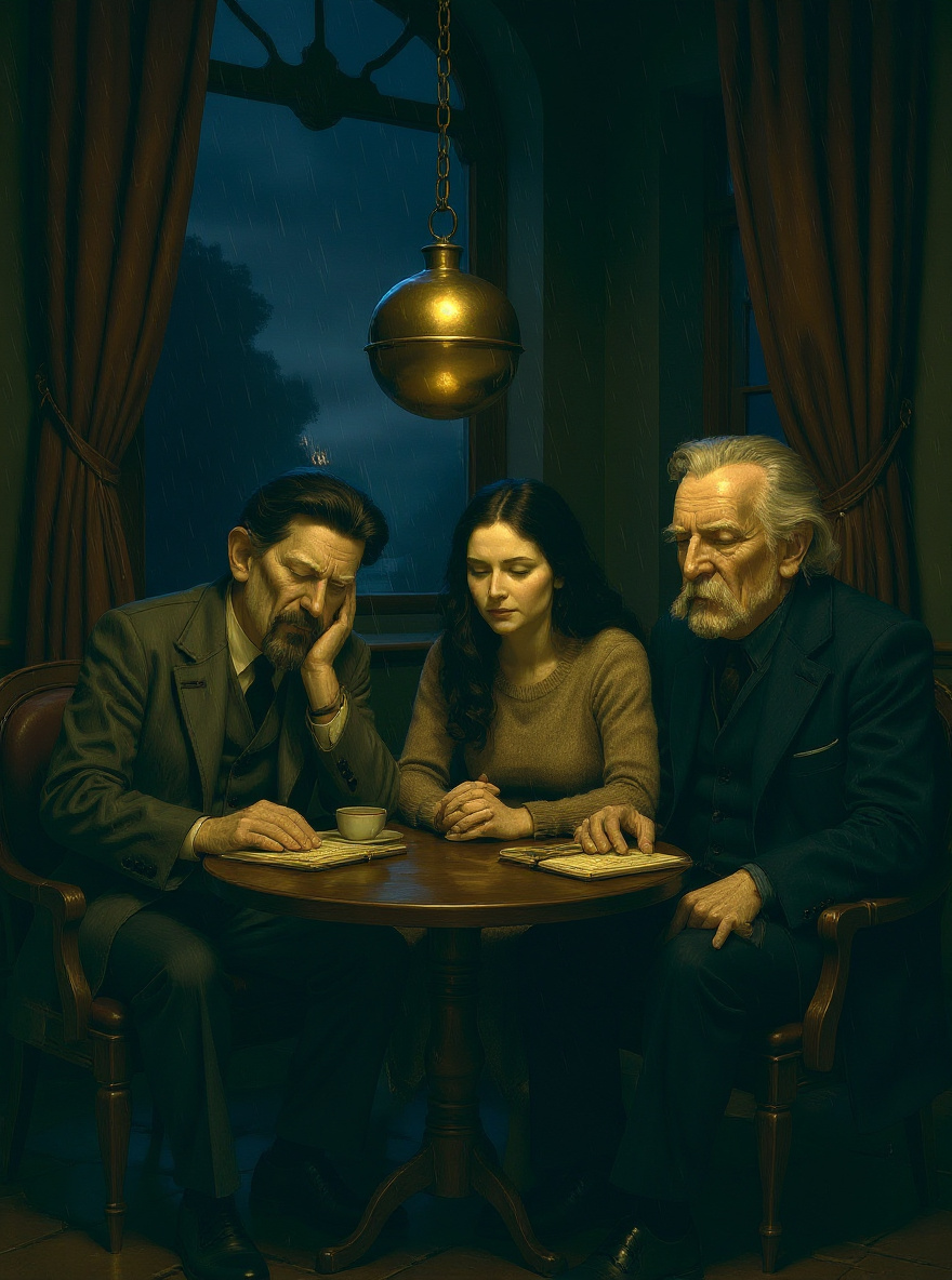 Casaubon sits beside Lia, both silhouetted against the rain-lit window, hands entwined.