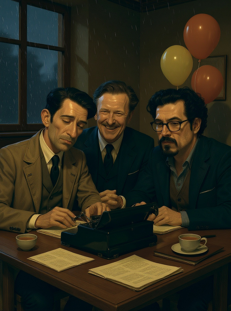 Belbo strikes a key, smirking; the others lean in, sharing the joke.