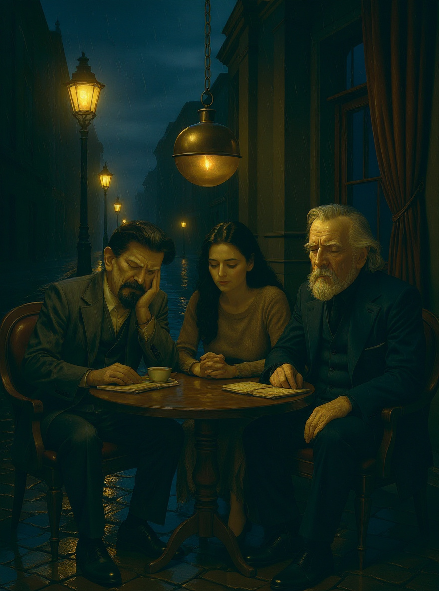 Outside, the rain falls on the empty street below, streetlamp haloed in gold.