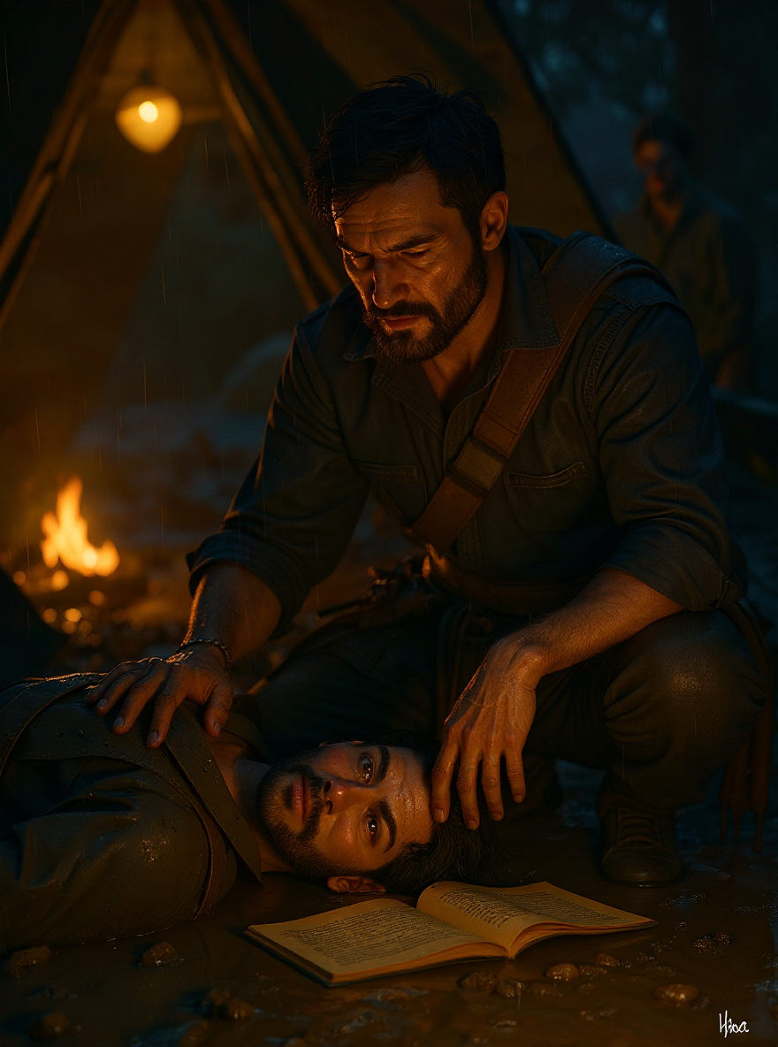 The Annals, written and open, sit on Croaker’s knees in the dim, firelit tent. Croaker’s face is reflected in a pool of rainwater by his boot: tired, relieved, guilty. The world outside is gray, but the page glows with amber candlelight.