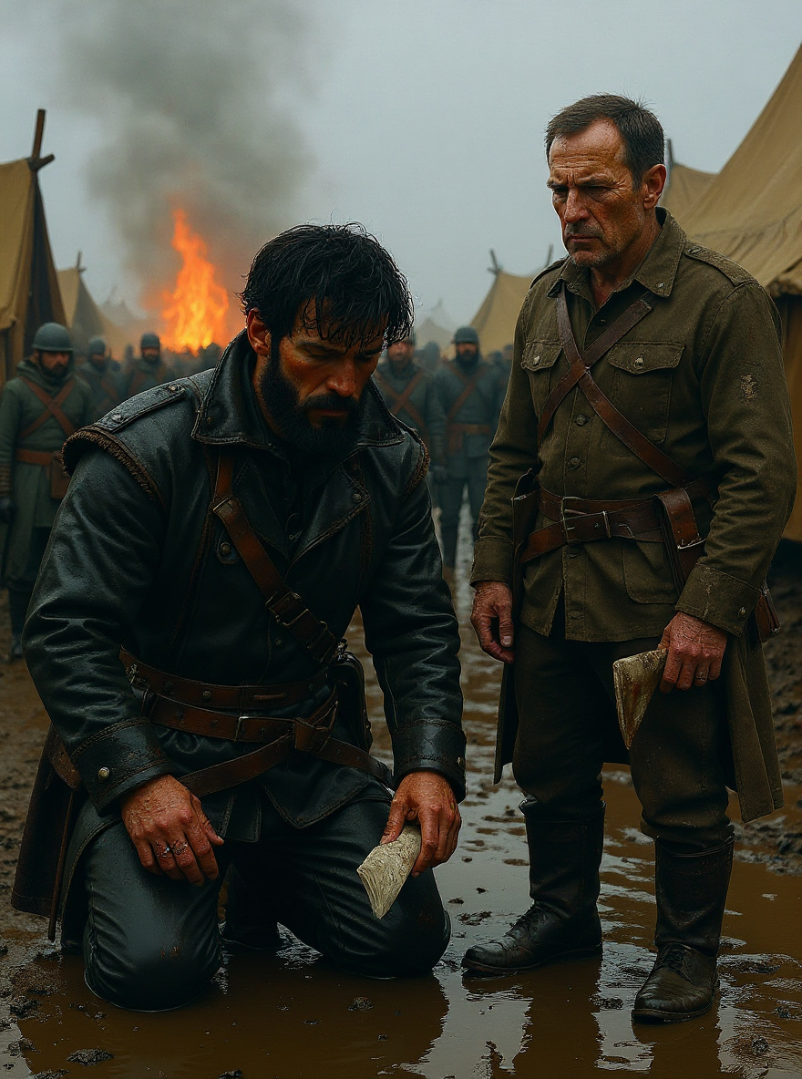 A muddy dawn at the Company camp; Croaker kneels beside Harp’s corpse, Harp’s hand clutching a rain-soaked page. The camp is a mire of tents, fires dying, and weary men moving among the dead.