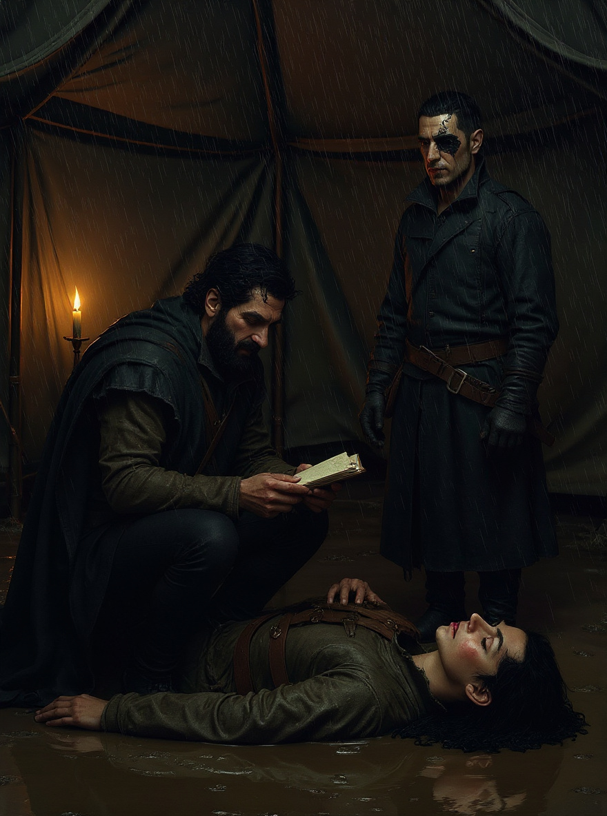 Inside Croaker’s tent, the Annals open on his knees. The blank page stares up at him; rain streaks the canvas. Croaker looks haunted.