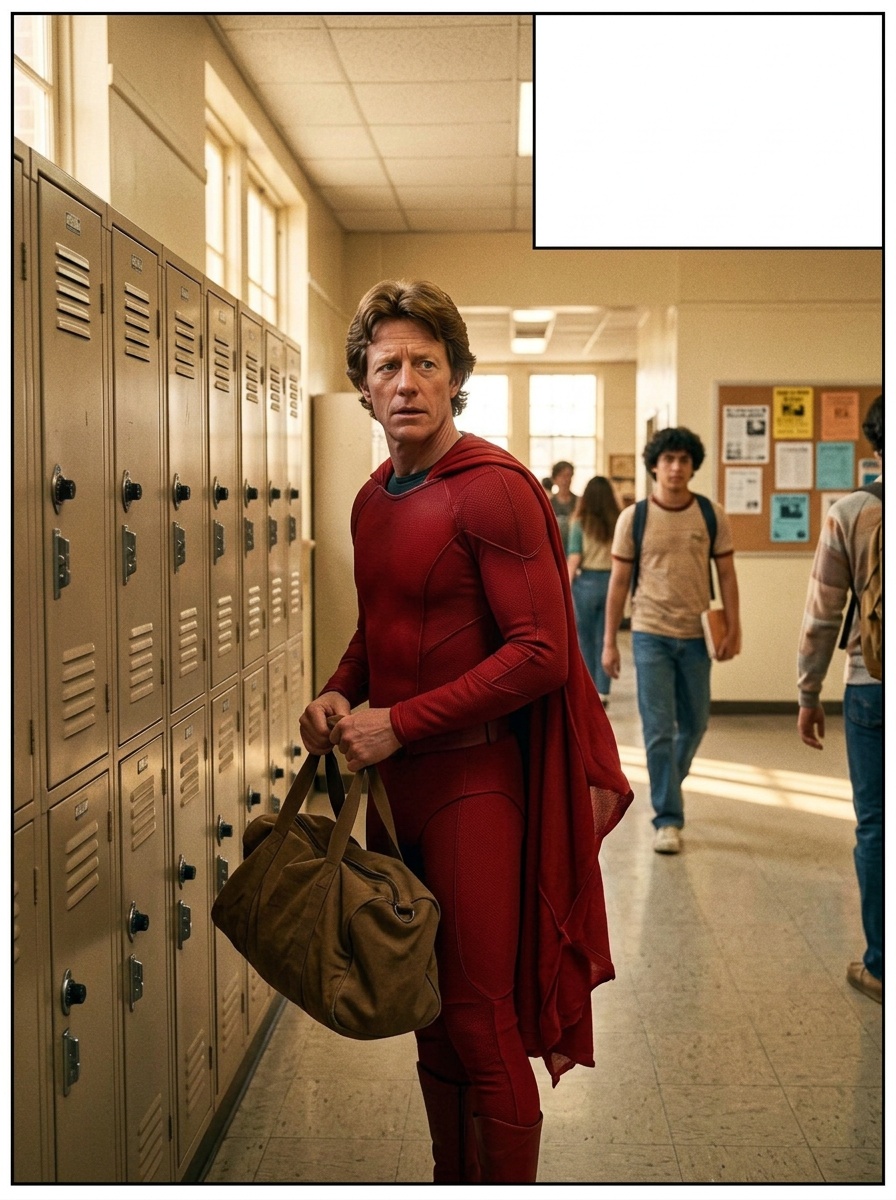 School hallway, Ralph in red suit (cape slightly tangled, visible seams, black undershirt), sneaking toward the faculty restroom, duffel bag in hand.