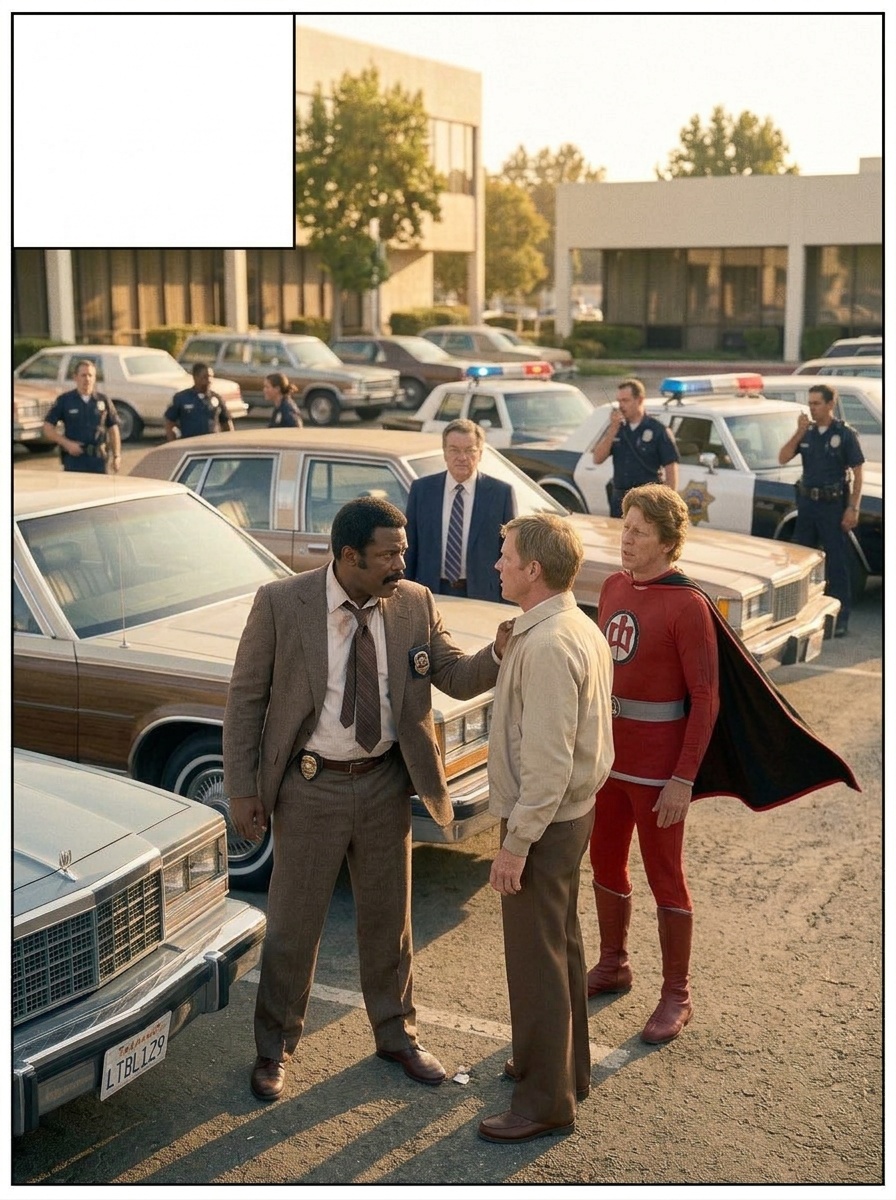 Police cars screech into the office lot; Bill Maxwell (rumpled suit, badge shown) leads agents toward Turner and Gaines, who freeze mid-argument; Ralph stands in red suit, cape fluttering.