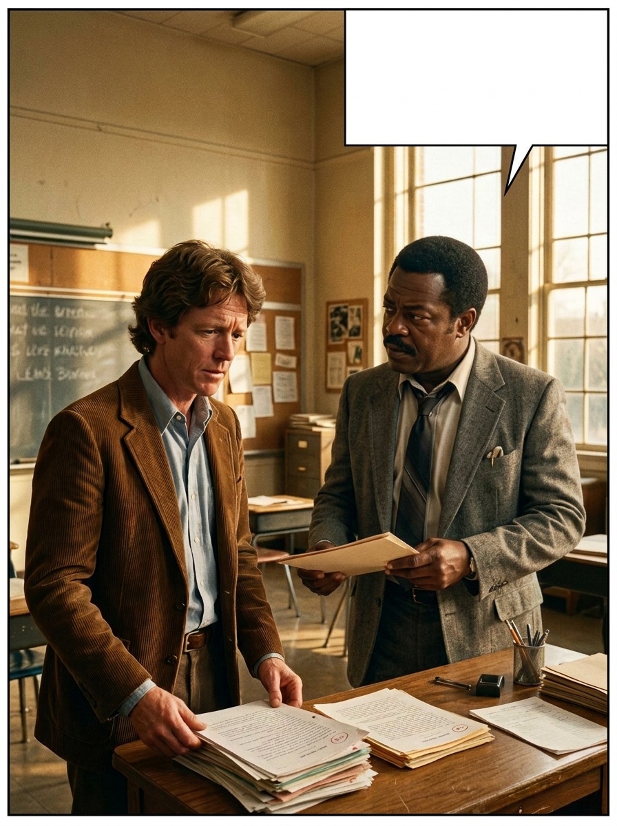 Close on Bill passing a thin manila folder to Ralph, both standing at Ralph's desk; Ralph glances nervously at the folder.