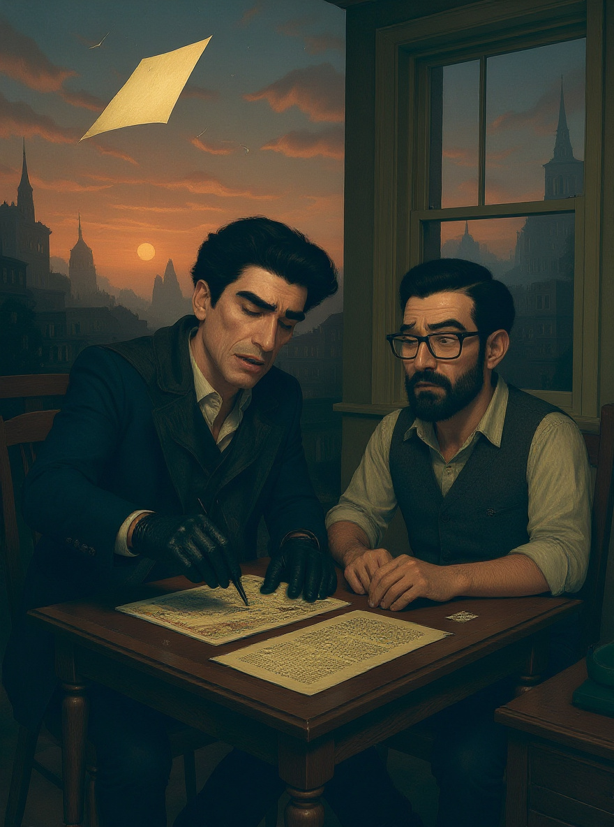 A sudden gust blows the letter from Joe's hands toward the open window. Joe lunges, catching it just in time. Sammy looks up, surprised. Early morning city skyline in window. Empty top-right for balloon.