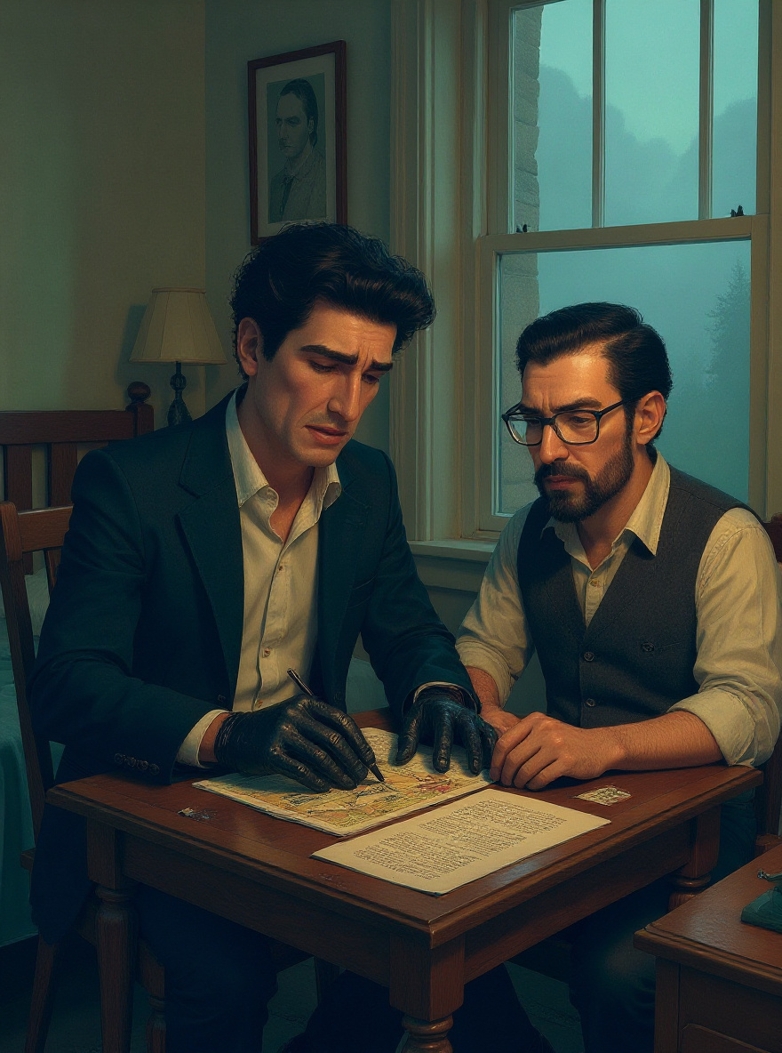 Close on Joe's hands—ink-stained, shaking—as he draws the Escapist breaking chains. Unopened letter just in frame to the side. Soft gray morning light. Empty lower-right for balloon.