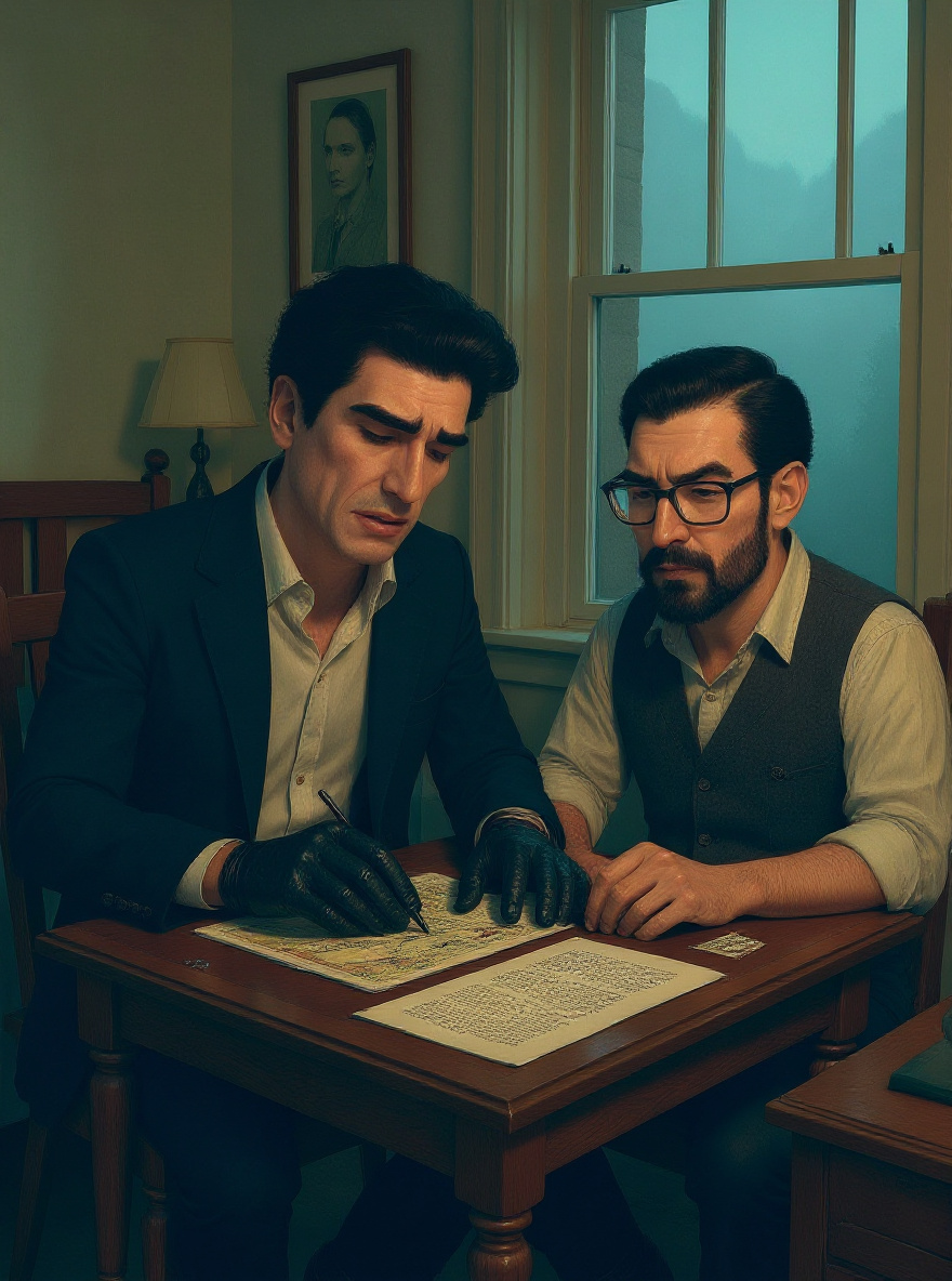 Sammy hurriedly scribbles dialogue in pencil at the table, brow furrowed. Joe, slightly behind, stares at the letter now in his hands, lost in thought. Room is brighter, dawn creeping in. Empty top-left for balloon.
