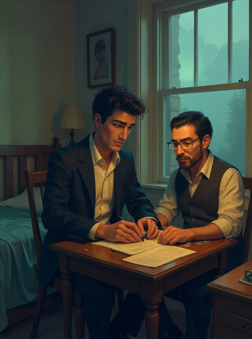 Joe draws with trembling hands at the table. Sammy stands beside him, looking anxious, glancing between Joe and the unopened letter. Room still shadowed in early light. Both faces visible mid-panel, wall behind for balloon.