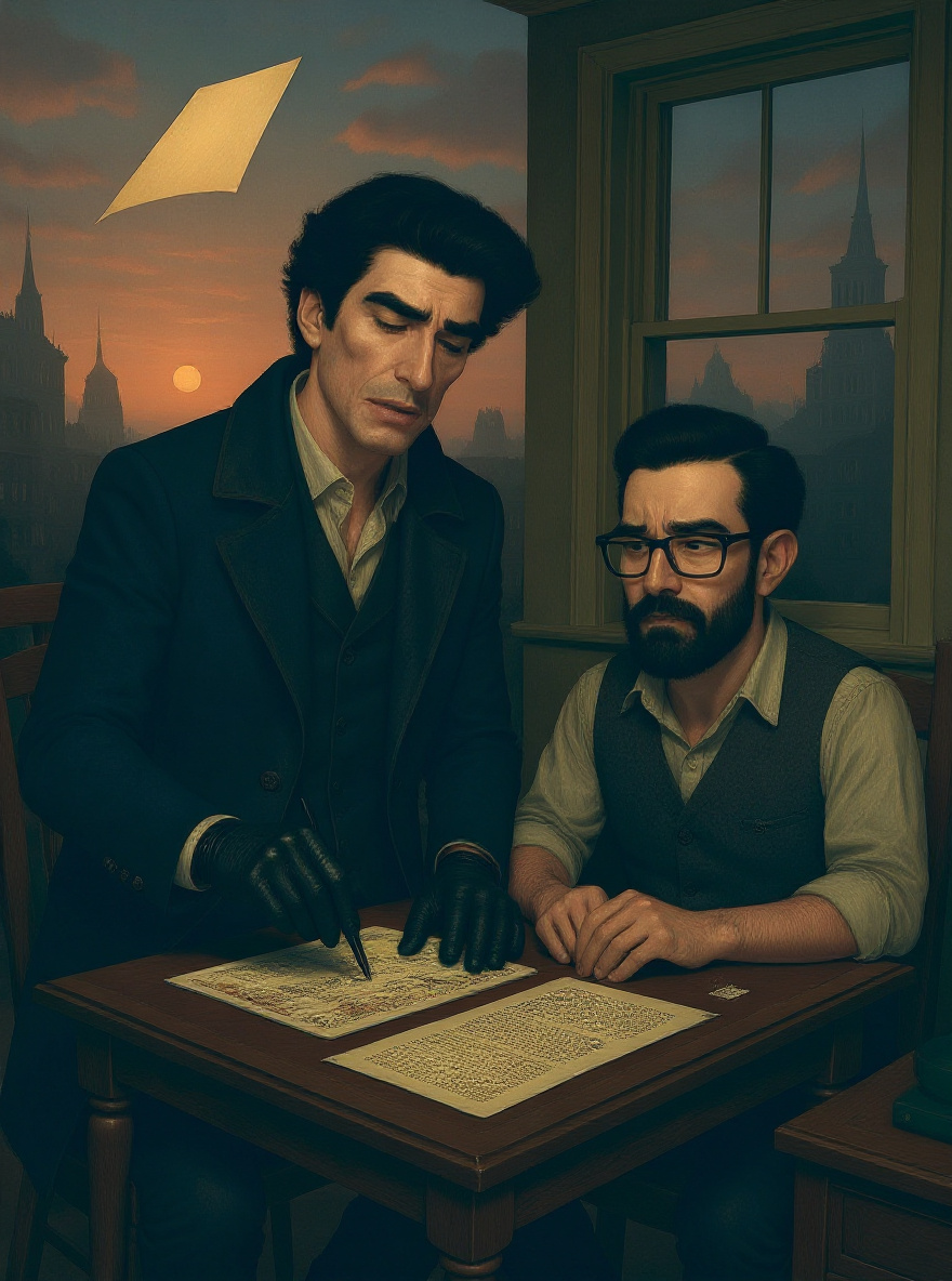 Joe stands at the open window, coat on, letter in hand. Outside, cold dawn air and rooftops; Joe looks out, restless. Sammy is just behind, concerned. Empty bottom-left for balloon.