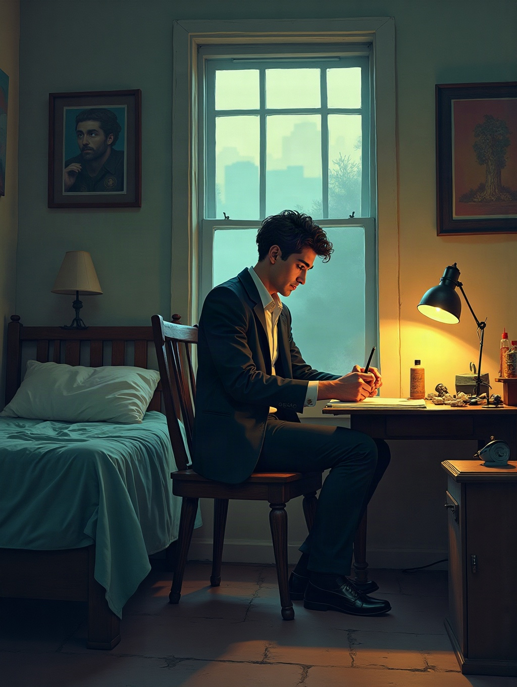 Joe Kavalier sits at a battered drawing table in Sammy Clay's cramped Brooklyn bedroom before dawn. Outside the window, city rooftops fade in fog. A letter from Prague lies unopened on the bed. Joe, tall, dark wavy hair, brown eyes, haunted, wears a rumpled 1940s suit and magician's gloves. Sammy, wiry, glasses, in shirtsleeves, vest, suspenders, stands nearby chewing a pencil. Pale gray light streams in, painterly, soft. Empty sky in top-left for balloons.