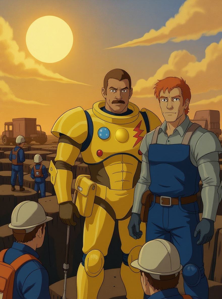 A group of workers frantically run toward trucks as Sandra, visor up, urges them on, sun glaring off the vehicles. Background: fissure widening.
