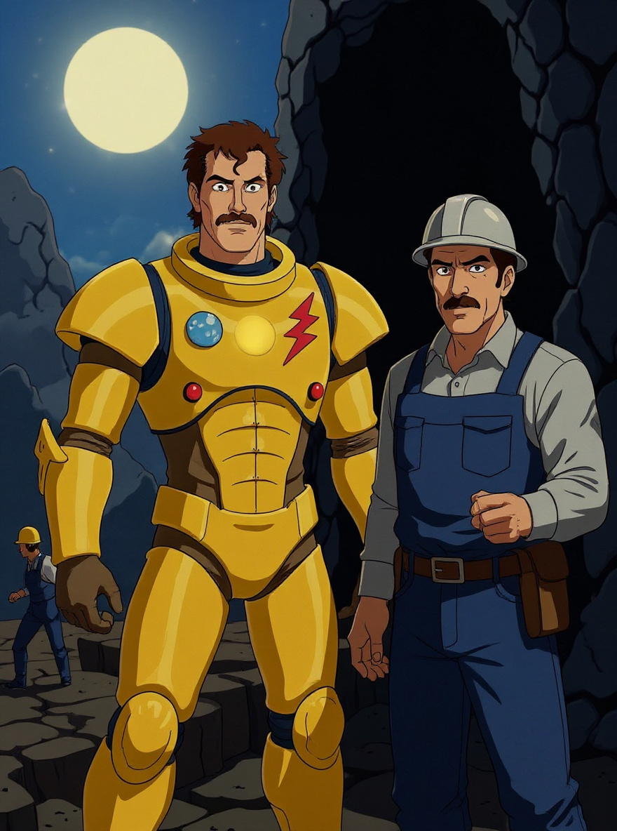 At a harshly sunlit California drilling site, Herc Armstrong stands in his glowing yellow-and-dark exosuit at the edge of a freshly opened fissure. Workers and trucks scatter as a plume of hot vapor rises, magma light throbbing below. Shadows from cranes stretch across cracked earth. Herc braces, one arm raised, visor glowing, as the ground trembles.