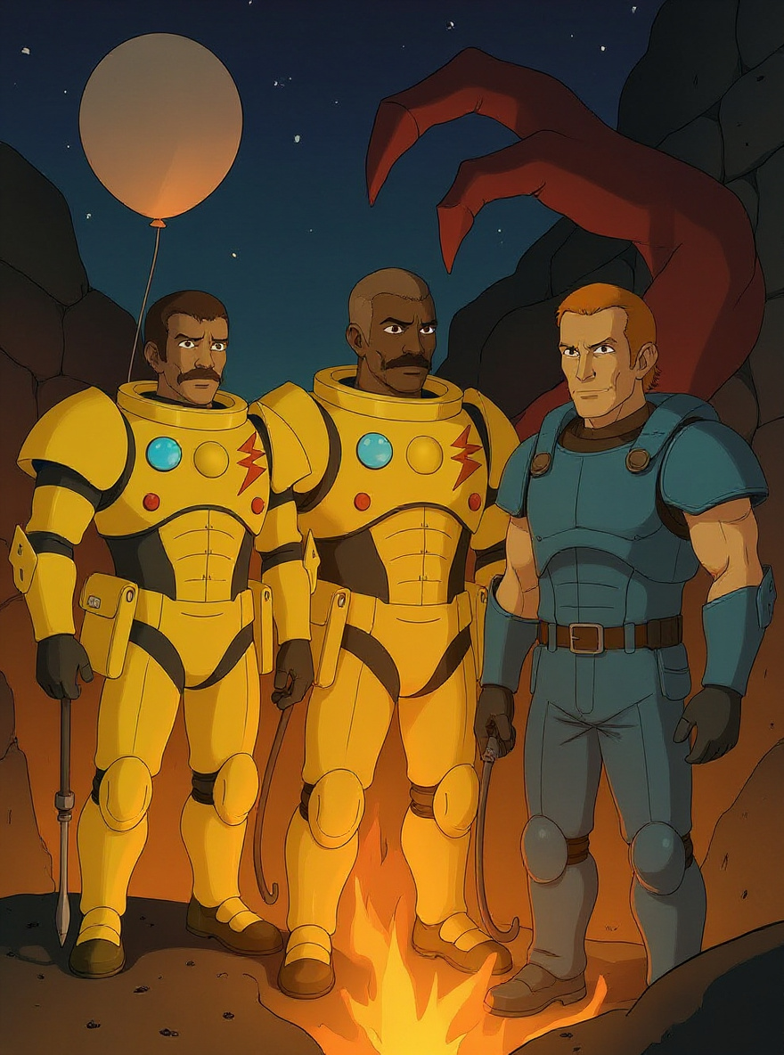 Herc, Auger, and Liquidator stand shoulder-to-shoulder at the fissure’s edge, exosuits glowing. Lava-lit, the ground breaks further as Metlar’s claws emerge and the three brace themselves.