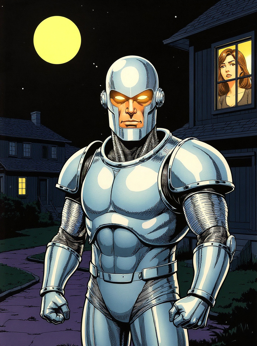 Exterior: Rom stands at the edge of the yard, scanning the night. Brandy inside, watching from window.