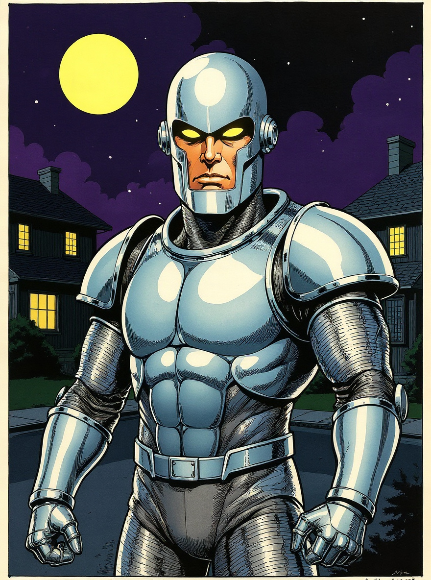Rom stands sentinel beneath the moon outside a suburban house, armor gleaming.