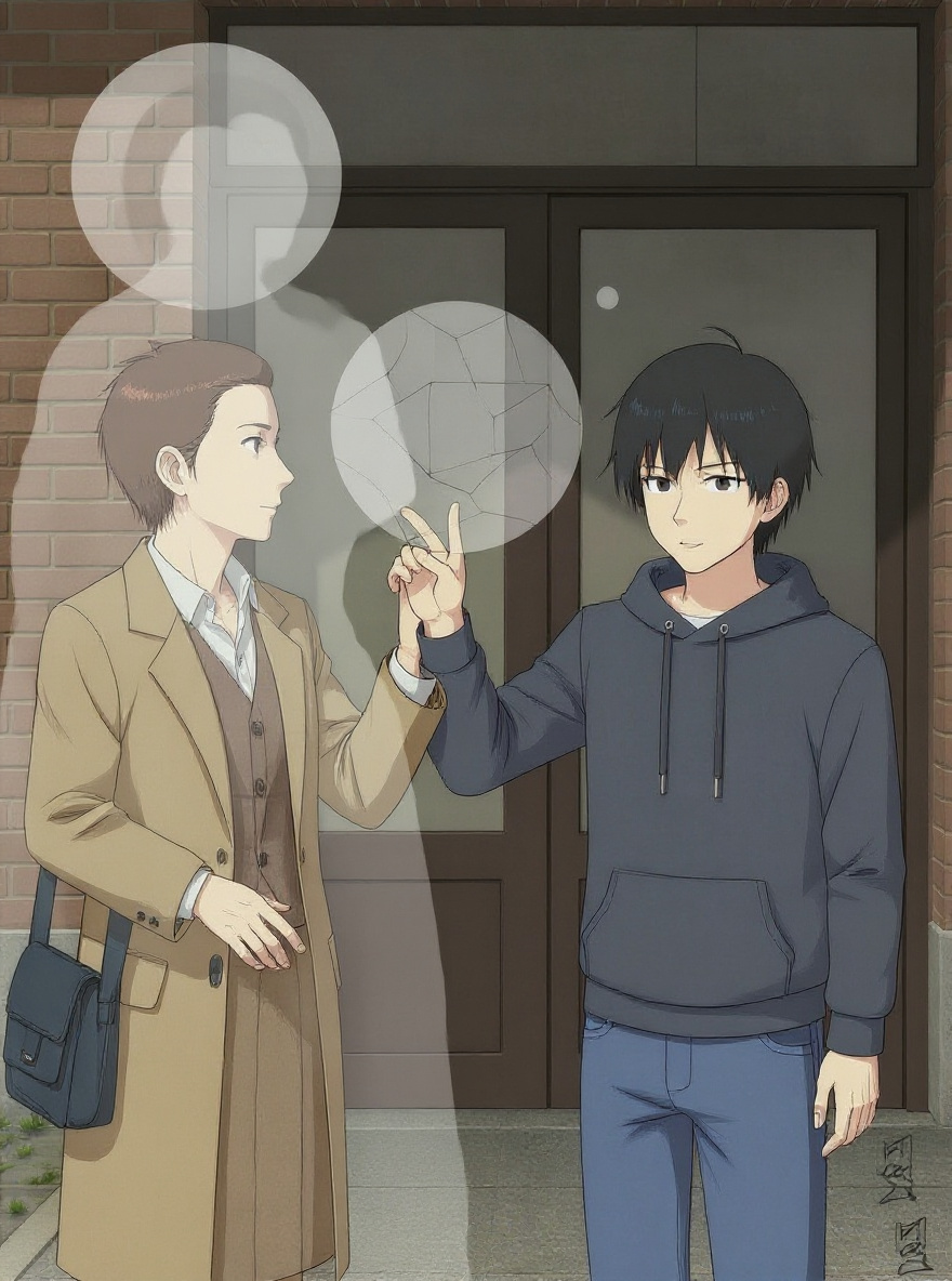 A translucent, blurred woman’s figure appears in the overlay, facing Yasako.
