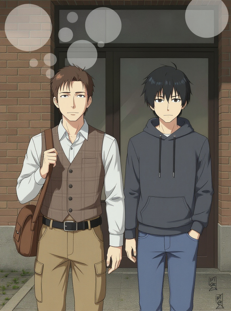 Daichi strides up, carrying a toolkit, squinting at the ordinary door. Fumie kneels, adjusting her device. Overcast daylight.