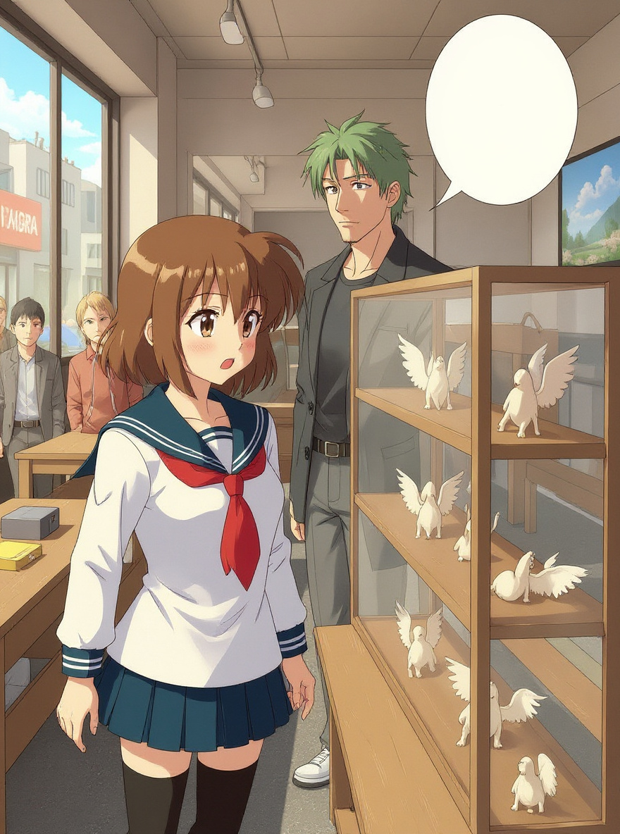 Inside the workshop room: Misaki gazes at the Angels lined up in glass cases, awed. Workshop kids (background) and Koutarou gesture nearby.