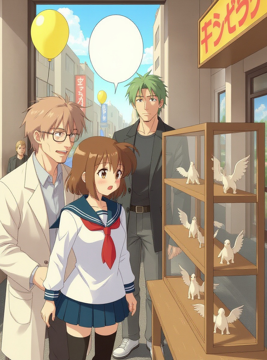Icchan, in lab coat and glasses, approaches Misaki with a mischievous smile. He gestures toward the Layer.