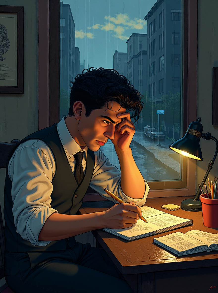 Close on Sammy, frowning in concentration, as he sketches The Escapist’s silhouette.