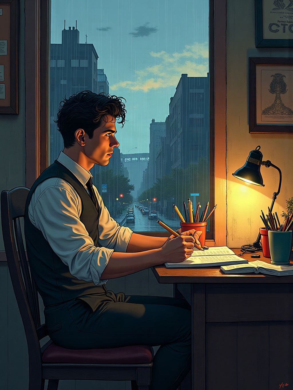 Sammy Clay sits at his cluttered desk in his small Brooklyn apartment as dusk falls, pencil poised, imagining The Escapist crossing a rain-soaked, bombed-out street in Milan.