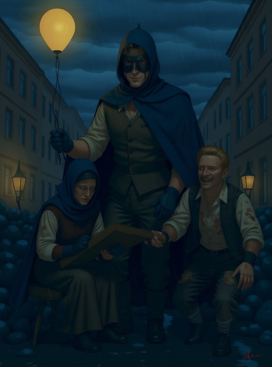The Escapist stands silhouetted at the edge of the ruined street as the family, clutching each other, disappears into the rain toward safety.