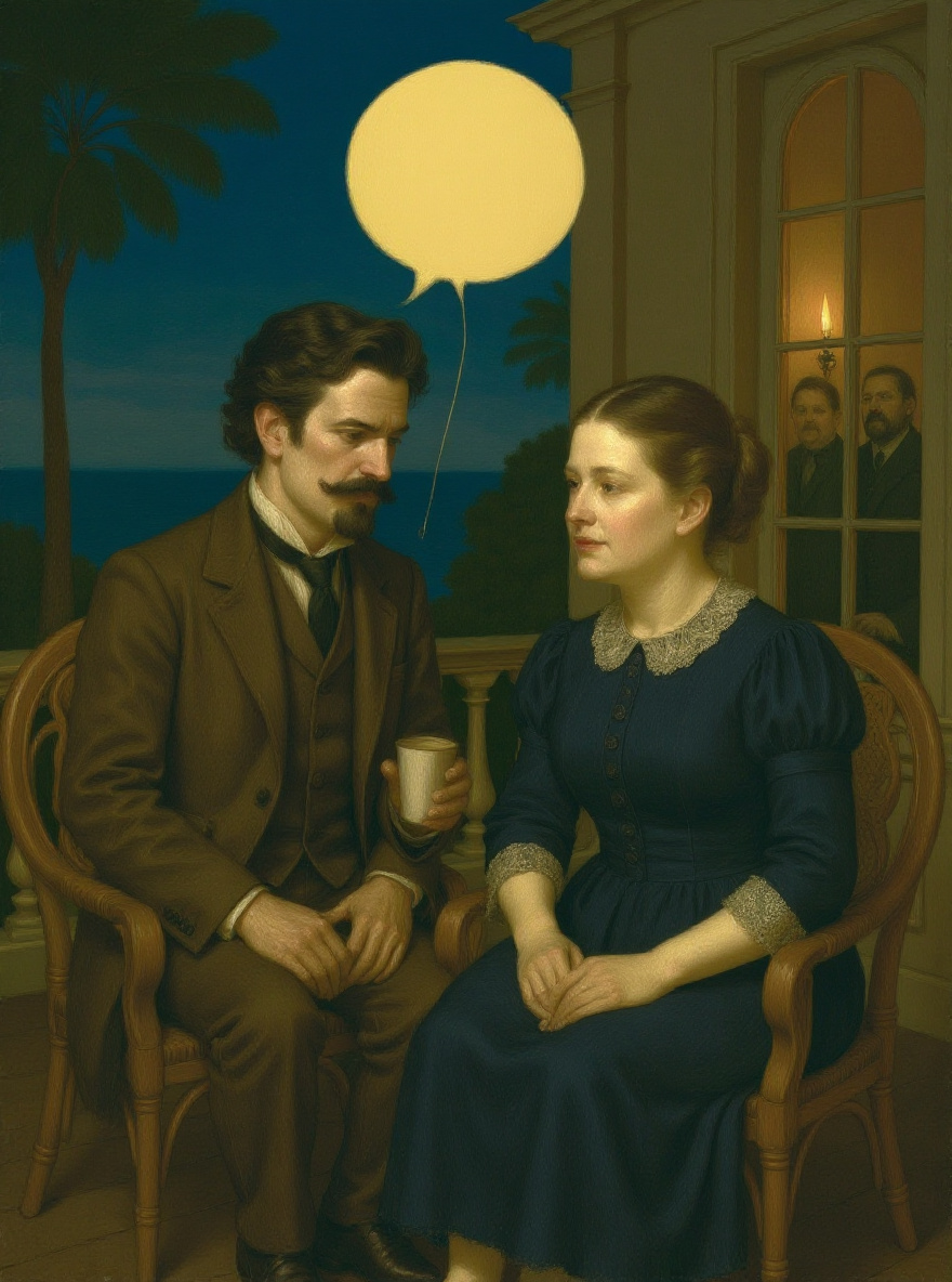 Léonce murmurs to a guest, glancing toward Edna, face shadowed with concern.