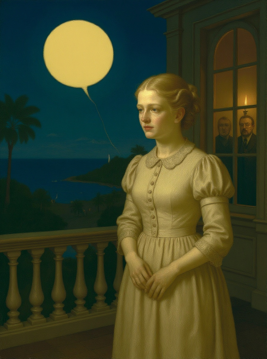 Edna stands on the edge of the veranda, ocean dusk behind her, candlelit windows at her back, her face illuminated by the last blue of day, posture upright and distant.