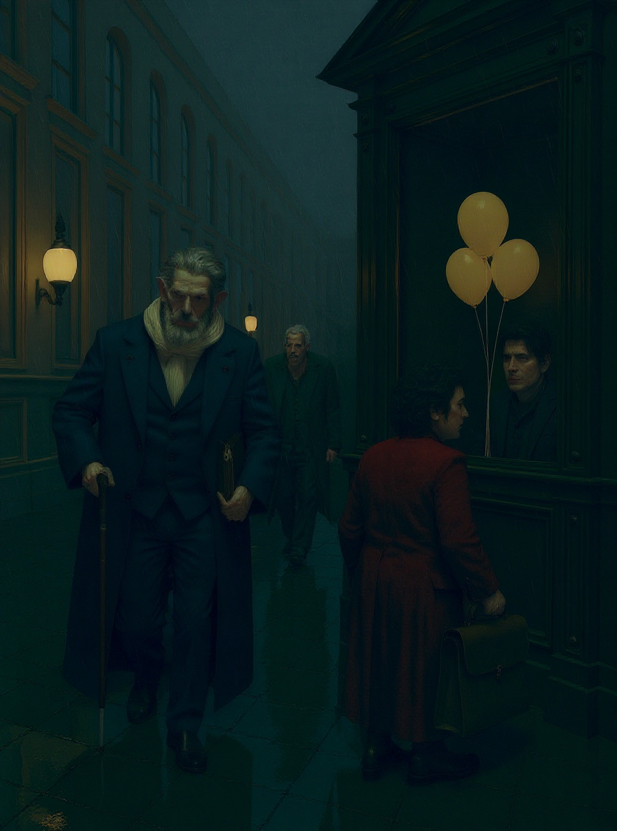 A final silent panel: The pendulum swings in the empty hall, rain-smeared glass behind it, the folder now gone.