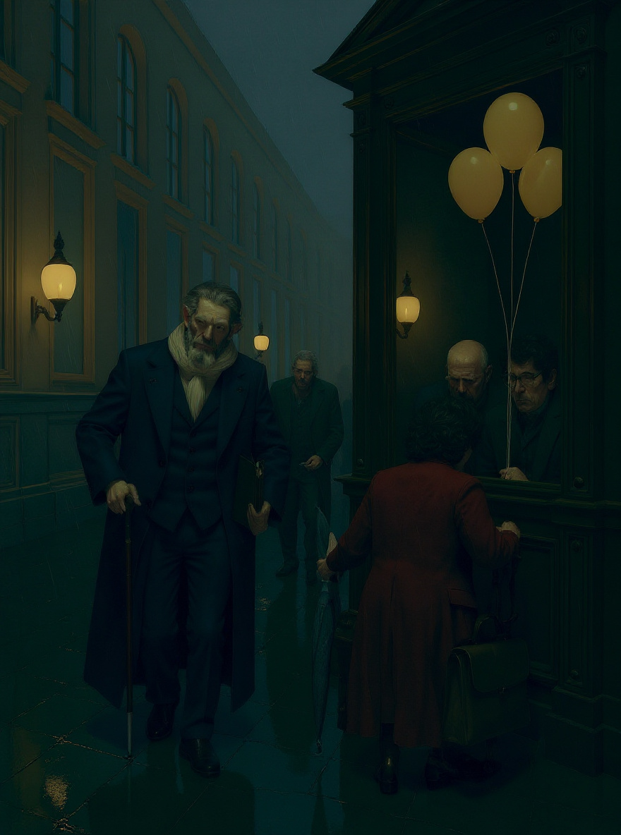 Casaubon, Belbo, and Diotallevi slip away through a side door, the folder clutched in Casaubon's arms, as the Templar group combs the hall under the pendulum. Rain and city light pour through the windows. The tension of near-exposure lingers.