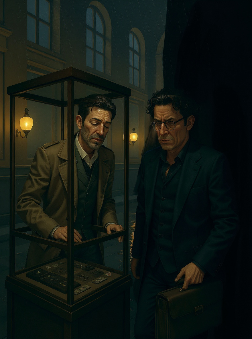 Diotallevi enters from the shadows, briefcase clutched, face tense. Casaubon and Belbo freeze, looking at him.