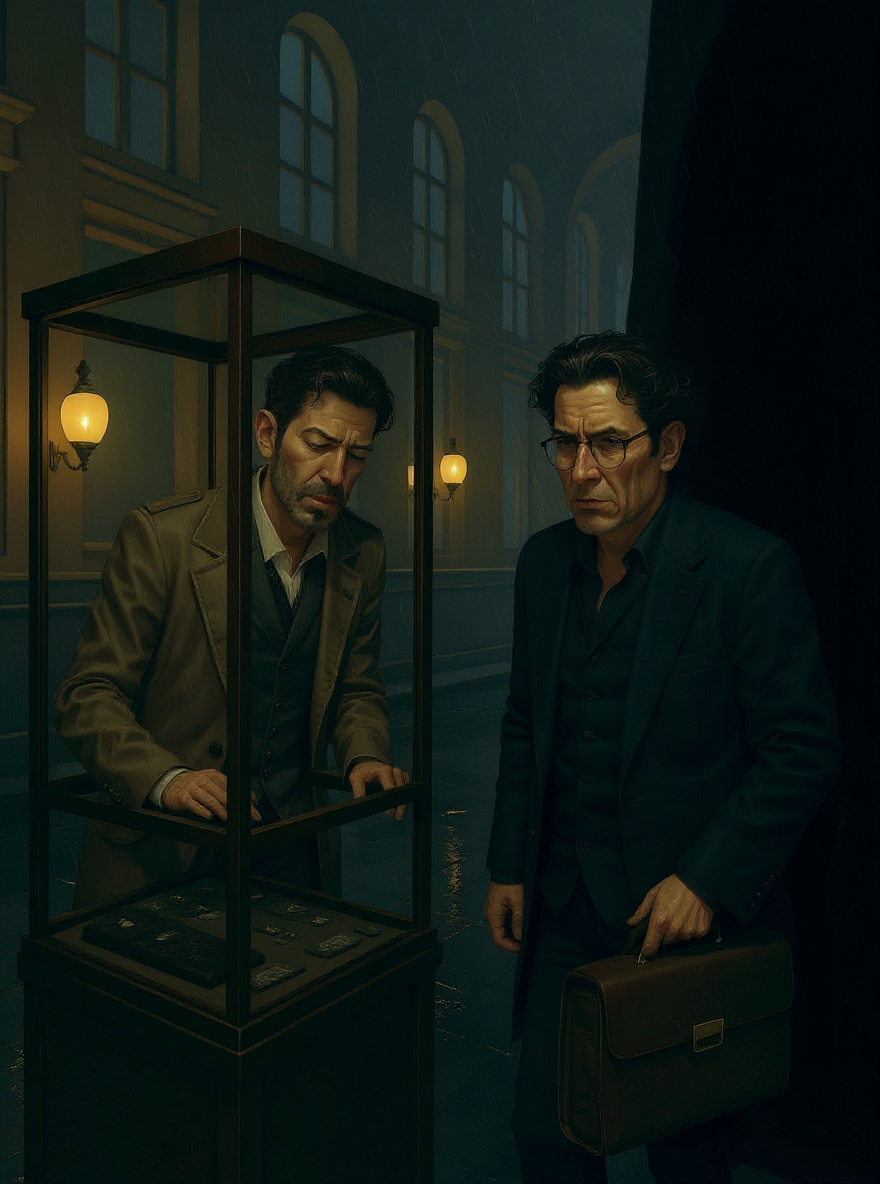 Casaubon, tense, unlocks the display case while Belbo keeps watch; Diotallevi glances nervously at the door.