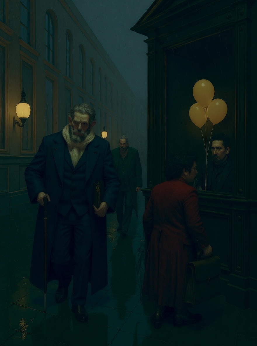 The trio stands under an awning outside in the rain, breath visible. Casaubon looks at the folder, thoughtful; Belbo keeps his face turned away, pensive. Diotallevi’s hand rests gently on Casaubon’s arm.