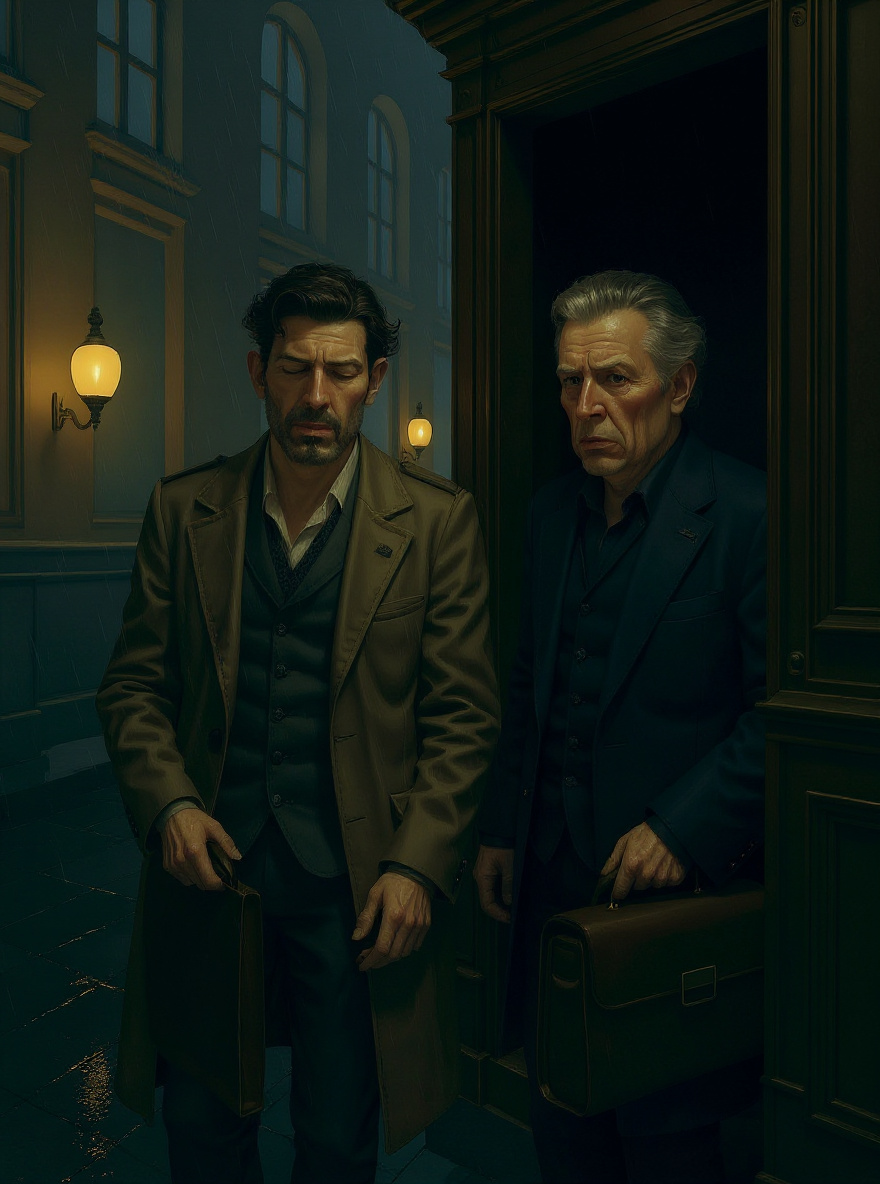Casaubon retrieves the folder—hands shaking—while Diotallevi whispers, watching shadows stretch under the doors.