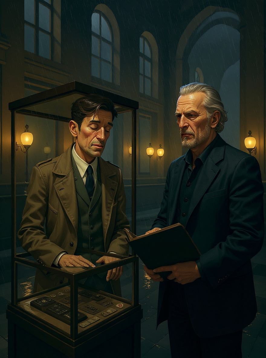 Belbo and Casaubon stand by a glass case full of old machines. Belbo gestures at the hidden folder, half-visible among artifacts. The mood is conspiratorial.