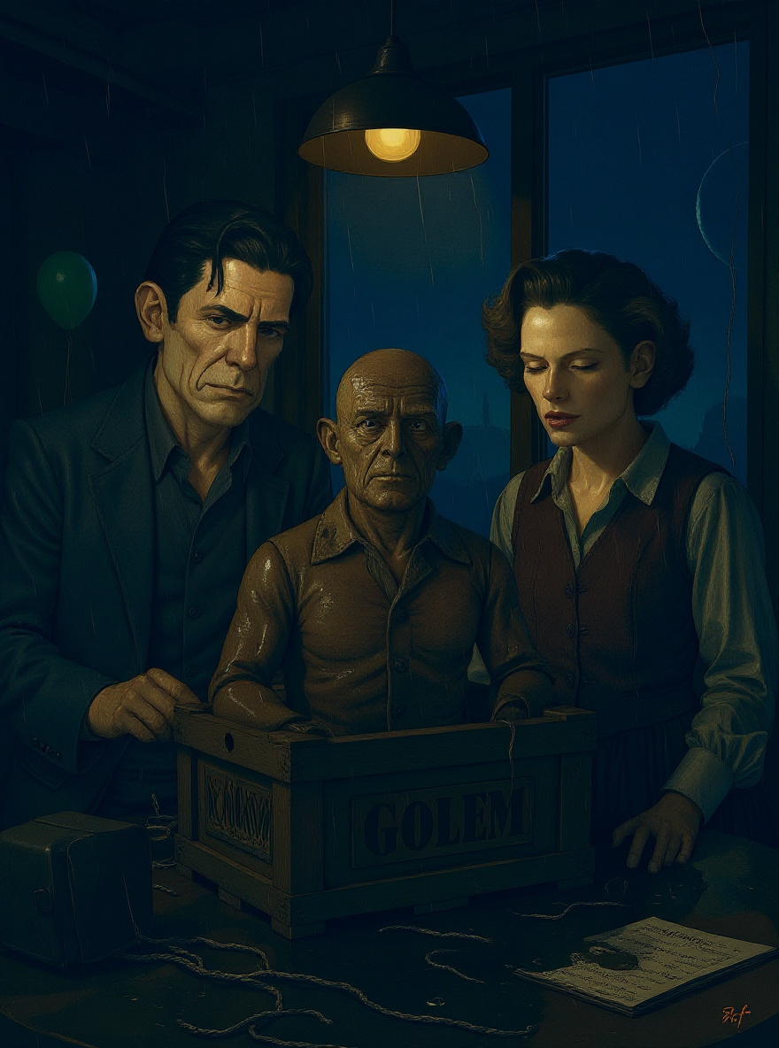 Sammy, peering, looks skeptical; Joe touches the letters on the golem’s chest, face shadowed with memory.