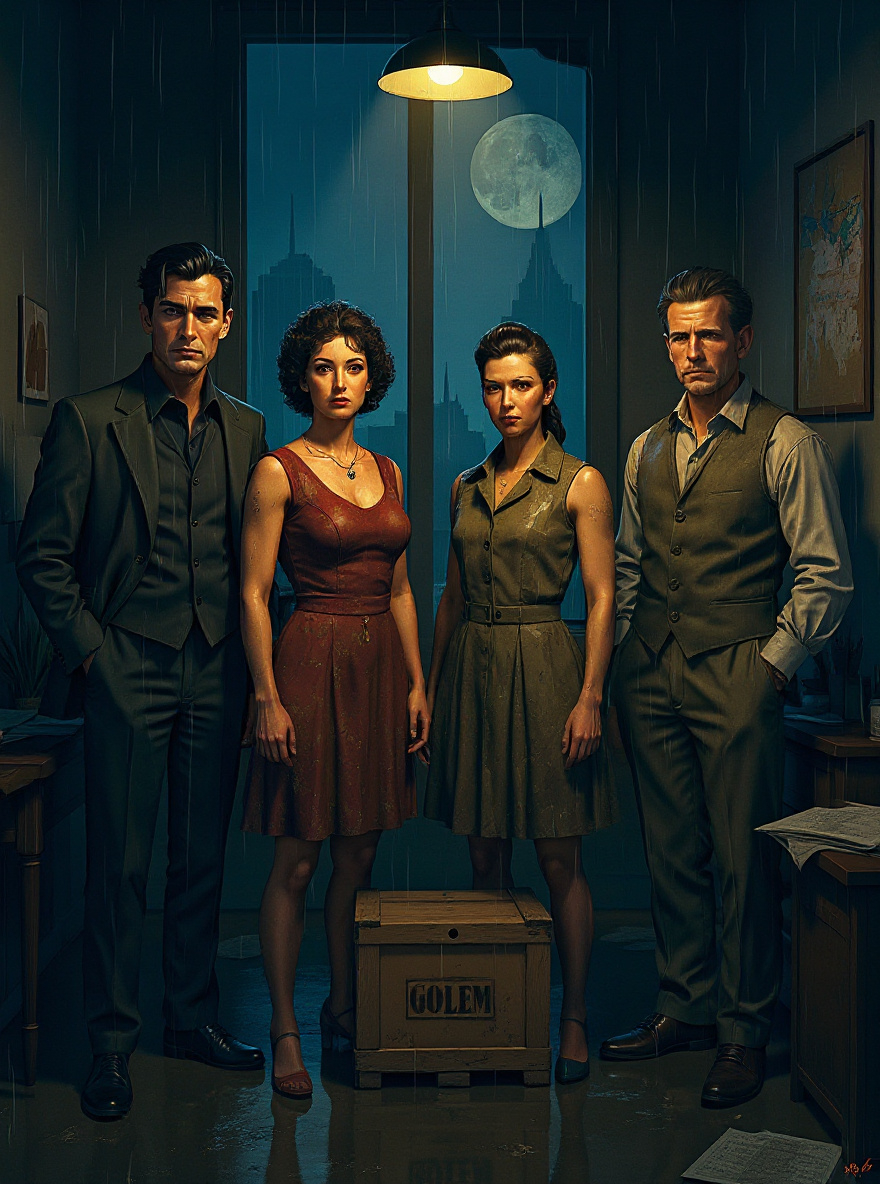 Joe stands over the crate, hand on the lid. Rosa perches on a stool nearby, watching; Sammy leans in the doorway, arms folded, glasses catching lamplight. All three look anxious.