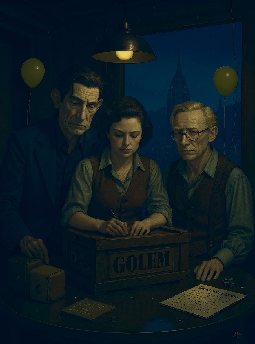 The crate, now rewrapped and half-hidden beneath Rosa’s drawing table, lit by a faint golden lamplight. Joe, Rosa, and Sammy return to their desks, rain still falling outside the window.