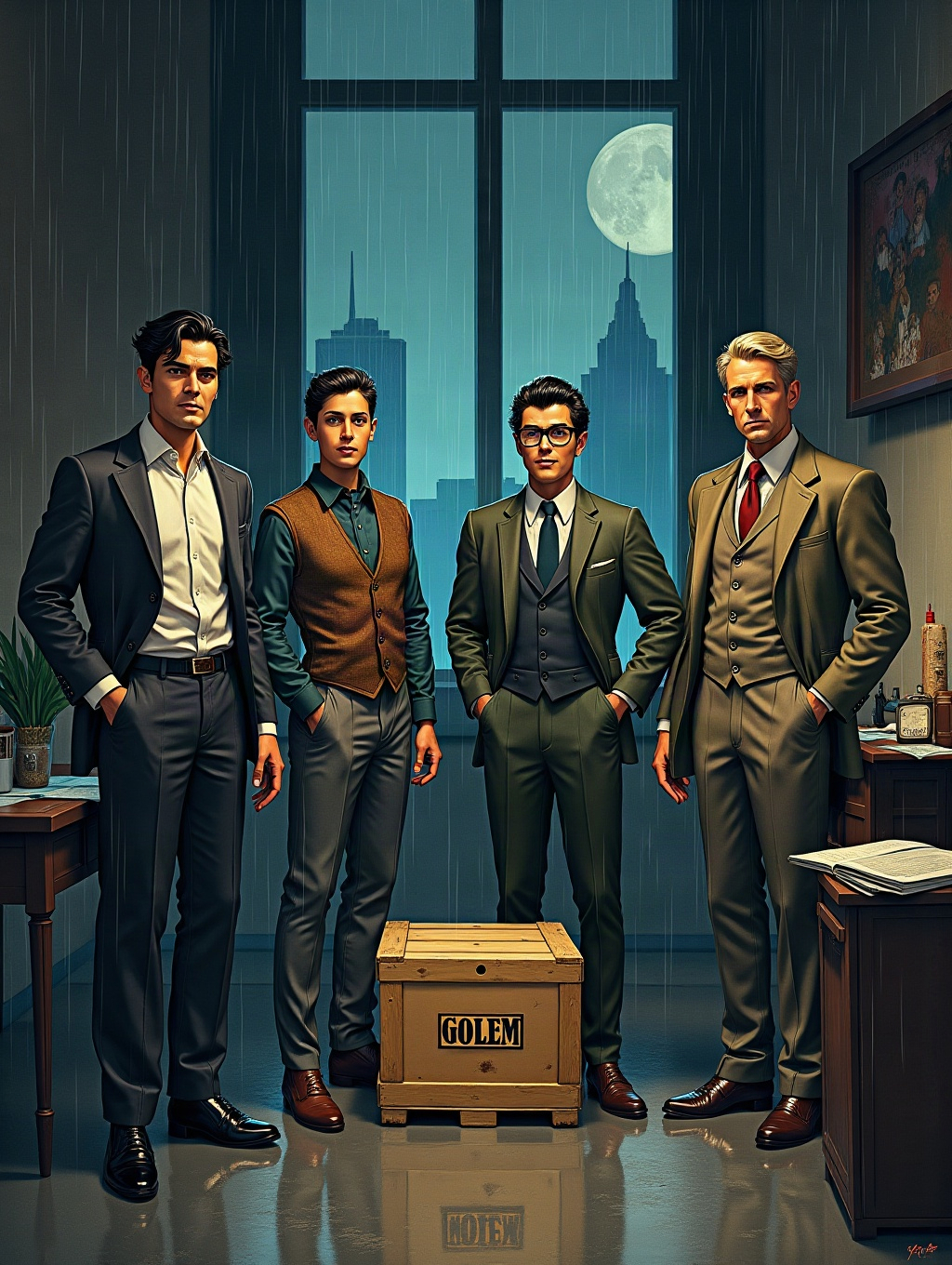 Inside a rain-soaked, cluttered 1940s comic studio high in the Empire State Building, a battered crate labeled 'GOLEM' sits at the center. Joe Kavalier, tall and pale in a suit, stands tense beside it, joined by Rosa Saks with dark curls, paint-stained dress and sketchbook, and Sammy Clay, rumpled and nervous with glasses. Night city lights glow beyond huge windows, rain streaking down.