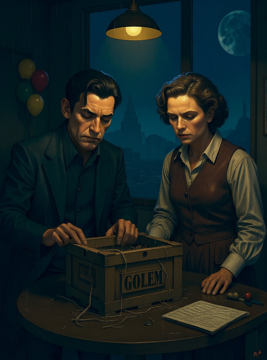 Joe pries open the crate; straw and coarse cloth inside conceal a man-shaped form. Rosa leans forward, face intent.