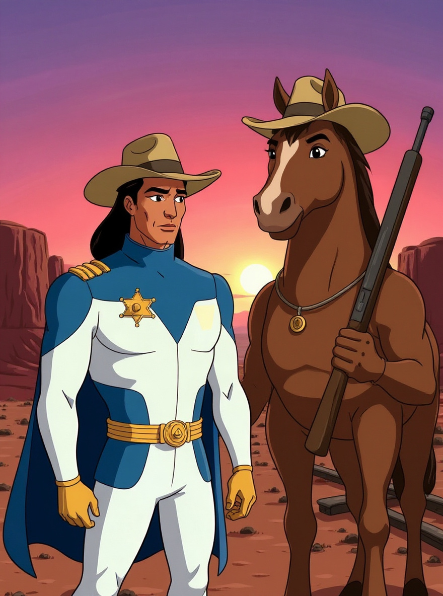 Marshal BraveStarr and Thirty/Thirty stand at the broken kerium rail line, desert mesas behind, magenta sunset blazing. The rails end abruptly in a shimmer of dust.
